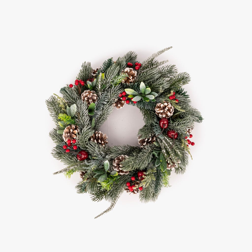 Coroa com Ramos e Pinhas Verde e Vermelha COZY