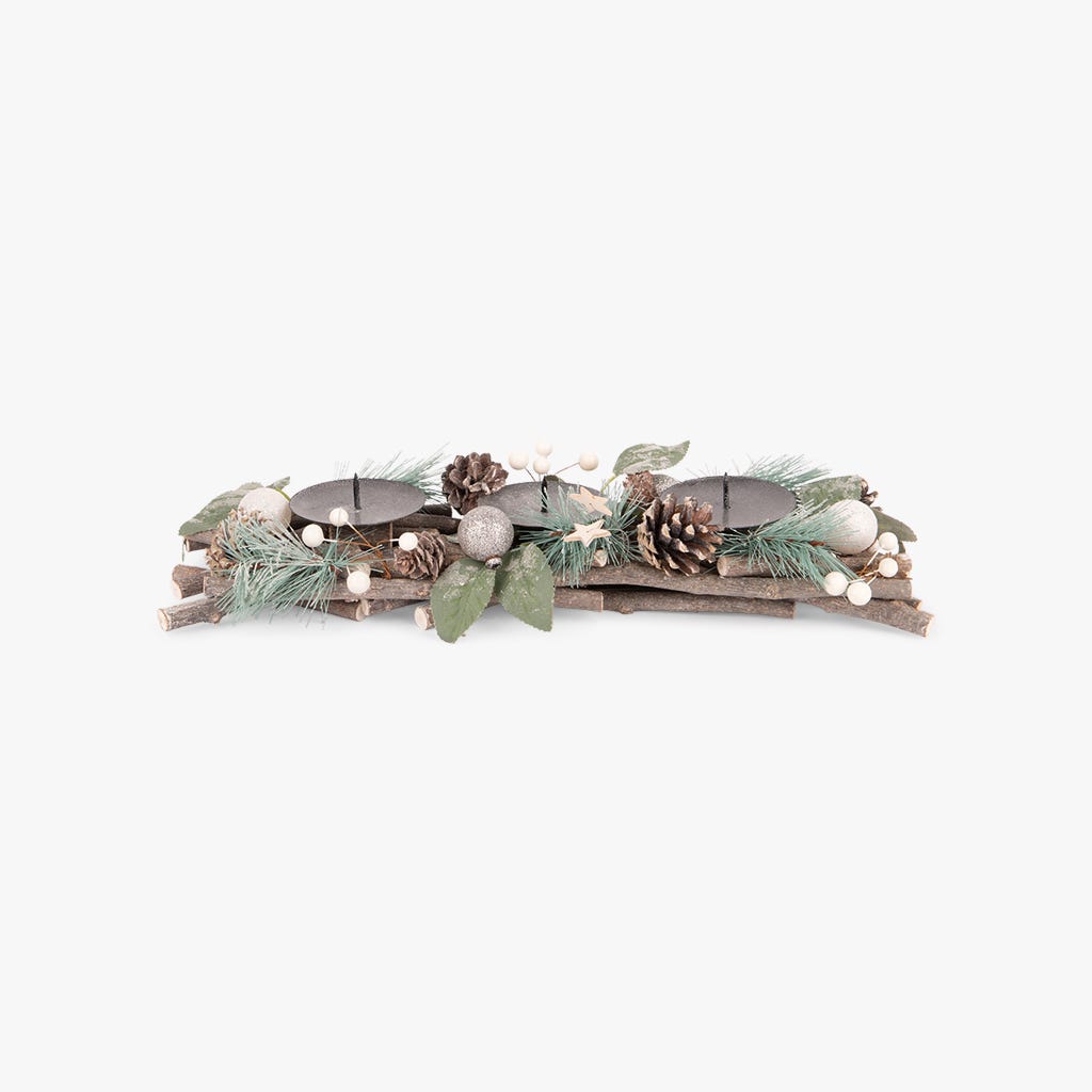 Suporte de 3 Velas com Ramos Verde e Branco COZY
