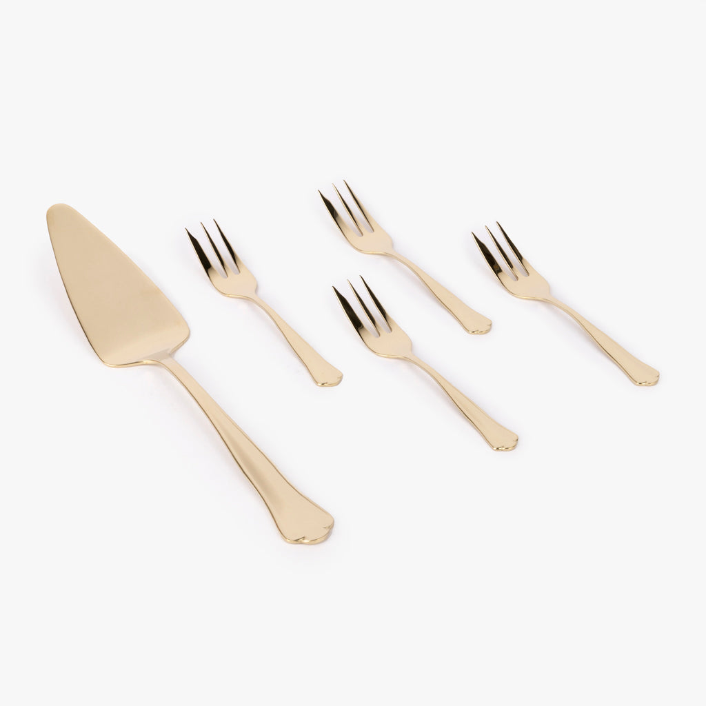 Conjunto 5 Talheres para Servir Bolo Aço Inox Dourado MARIE