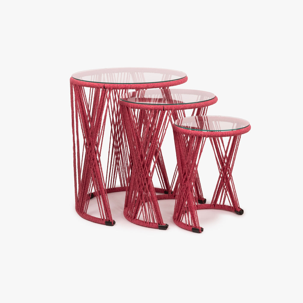 Conjunto 3 Mesas de Apoio em Metal e Corda Rosa PANTAI