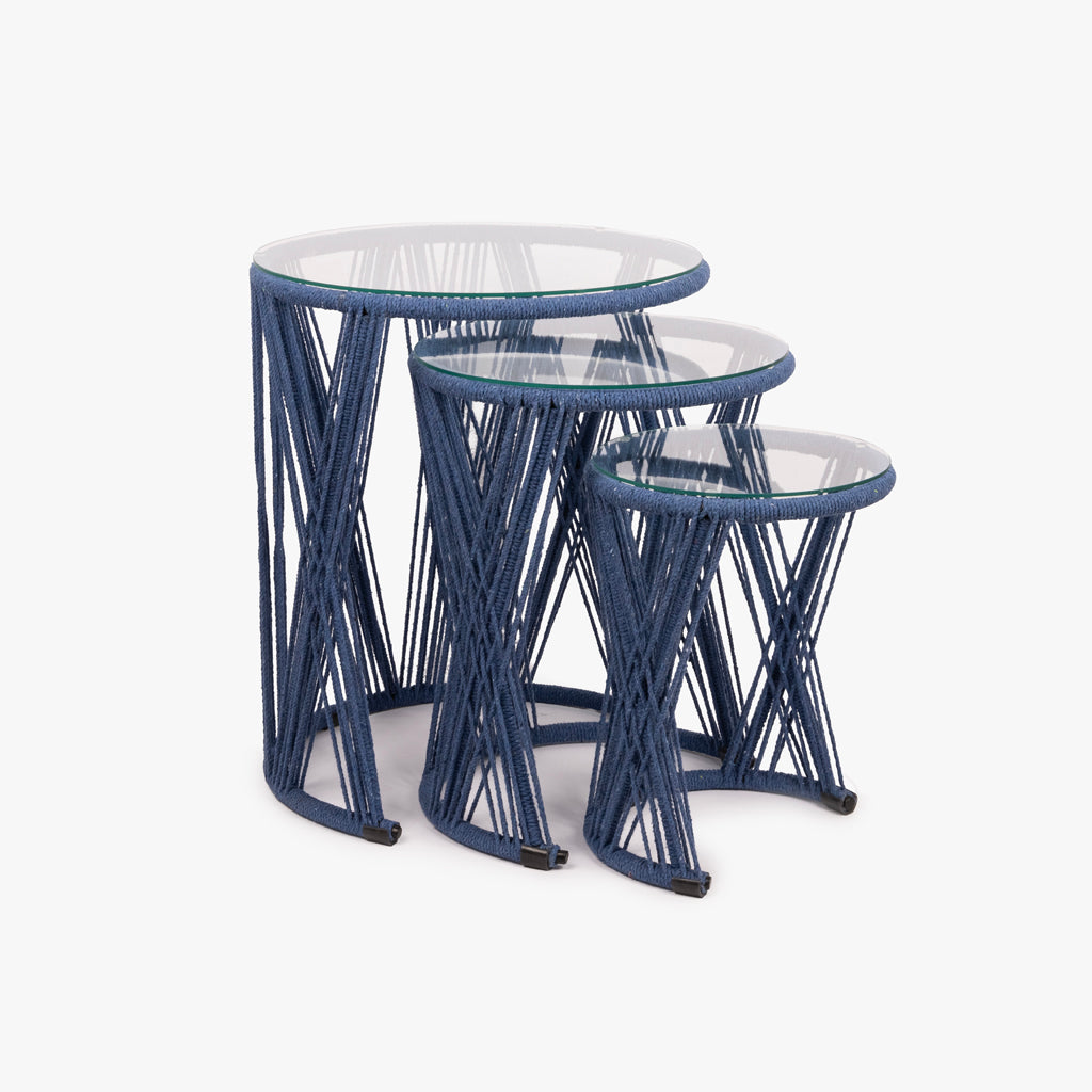 Conjunto 3 Mesas de Apoio em Metal e Corda Azul PANTAI