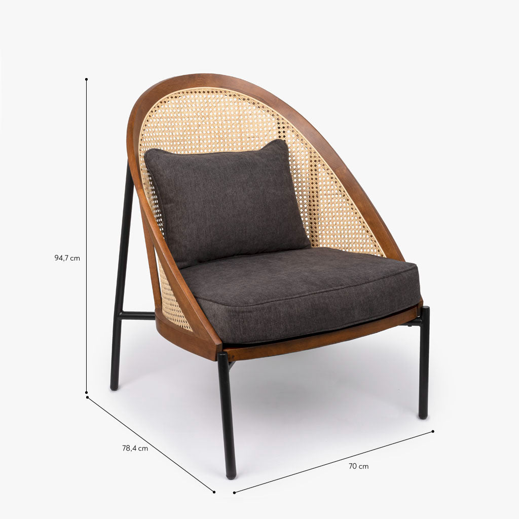 Cadeirão com Almofada Cinza com Costas em Rattan OZAWA