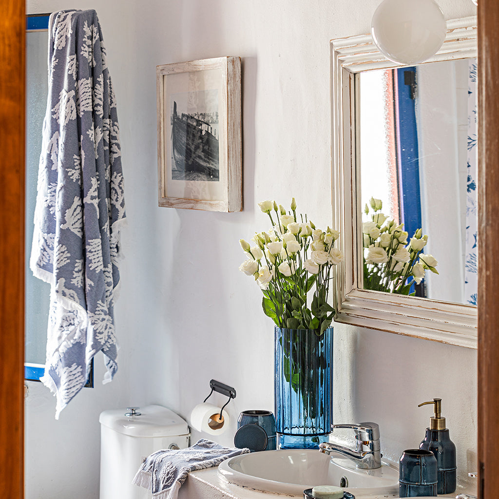 Toalha de Banho Algodão Azul e Branco com Algas CORAL