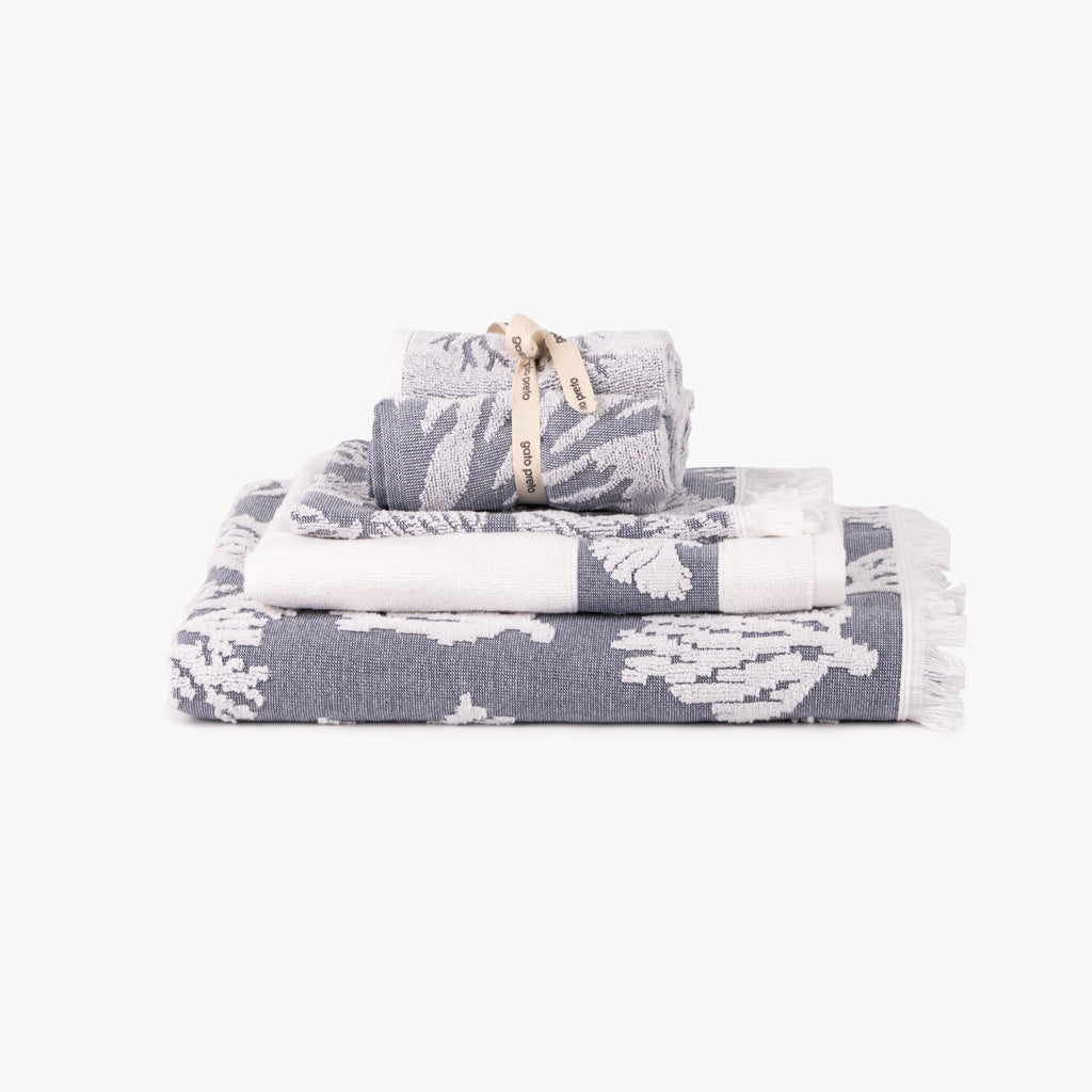 Conjunto Toalhetes de Banho Algodão Algas em Azul e Branco CORAL