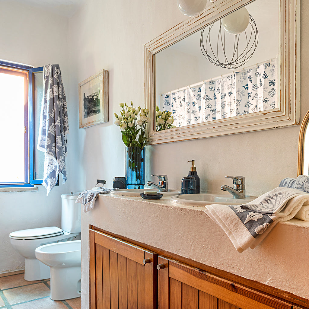 Conjunto Toalhetes de Banho Algodão Algas em Azul e Branco CORAL