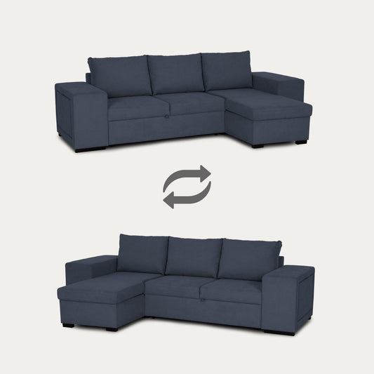 Sofá - Cama 4 Lugares com Chaise Longue Reversível, Arrumação, Prateleira e Puff - JuanC1007BFSRG2721_C24