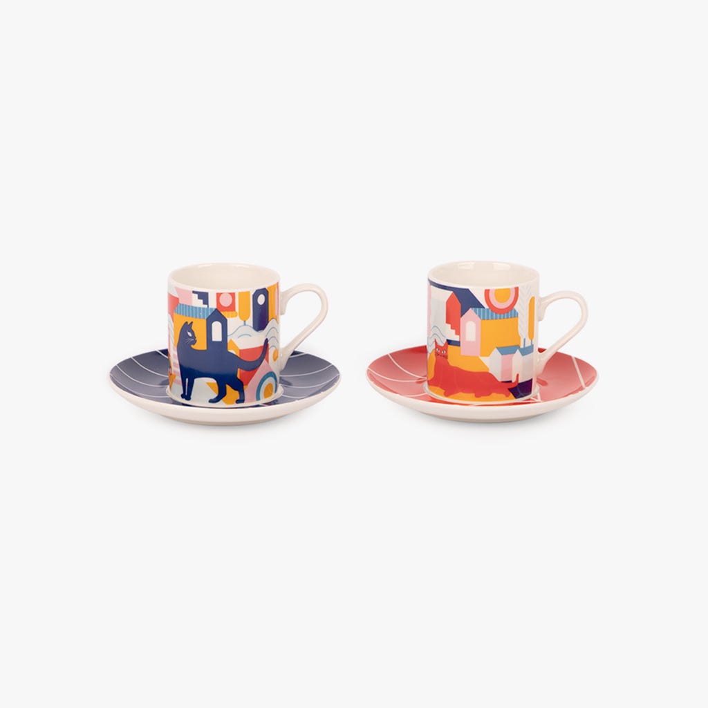 Conjunto de 2 Chávenas de Café Azul e Vermelho CAT IN THE CITY
