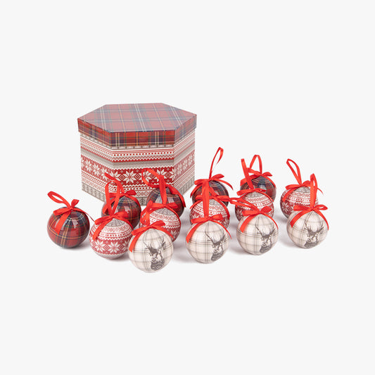 Red Christmas balls with plaid (14 pieces)