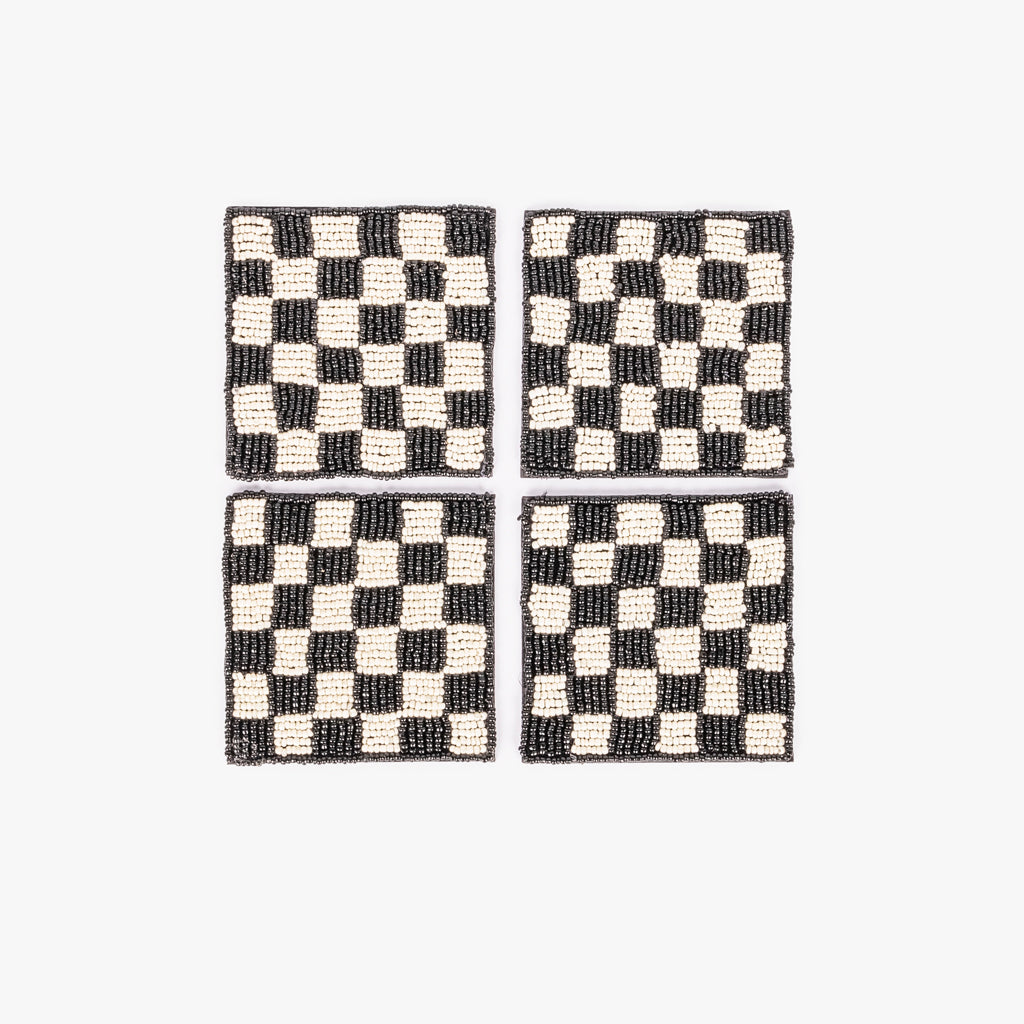 Base de Copos Missangas Preto e Branco CHECKS