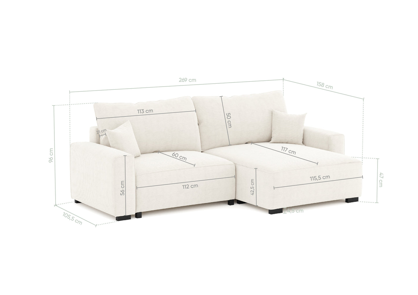 Sofá - Cama 4 Lugares com Chaise Longue Reversível - LaurenC1511ACSRG7902_C24