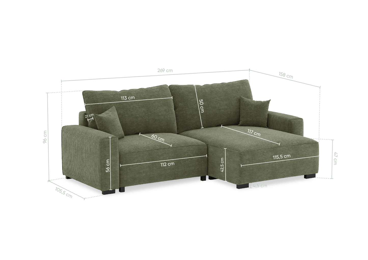Sofá - Cama 4 Lugares com Chaise Longue Reversível - LaurenC1511ACSRG7930_C24
