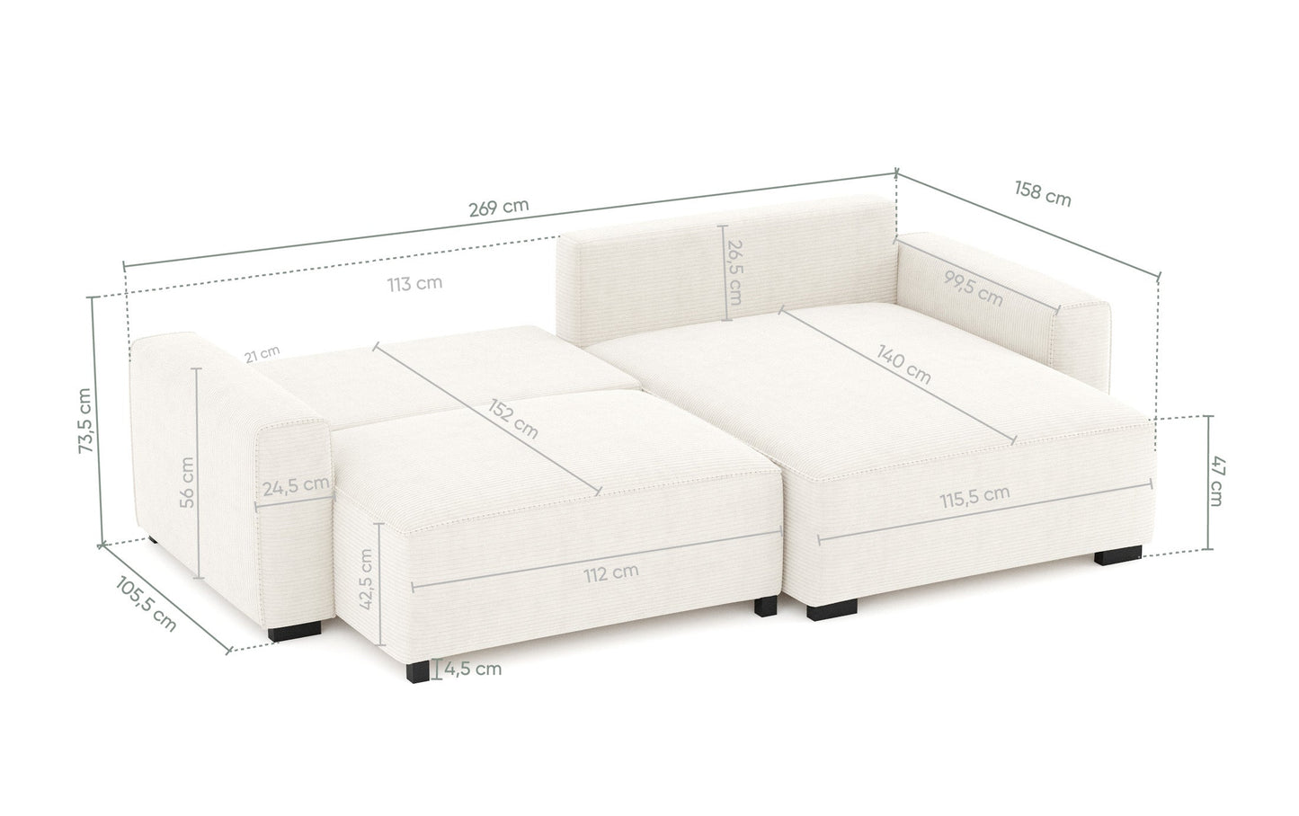 Sofá - Cama 4 Lugares com Chaise Longue Reversível - LaurenC1511ACSRG7902_C24