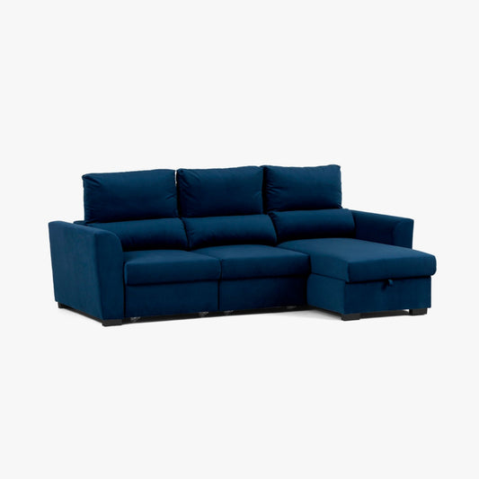 Sofá cama com chaise longue reversível e encosto reclinável azul OLIVER