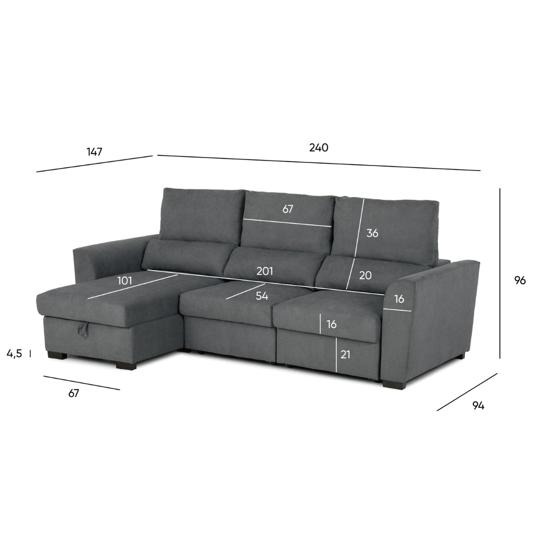 Sofá - Cama 3 Lugares com Chaise Longue Reversível e Encosto Reclinável - OliverC1009CFSRG3811_C24