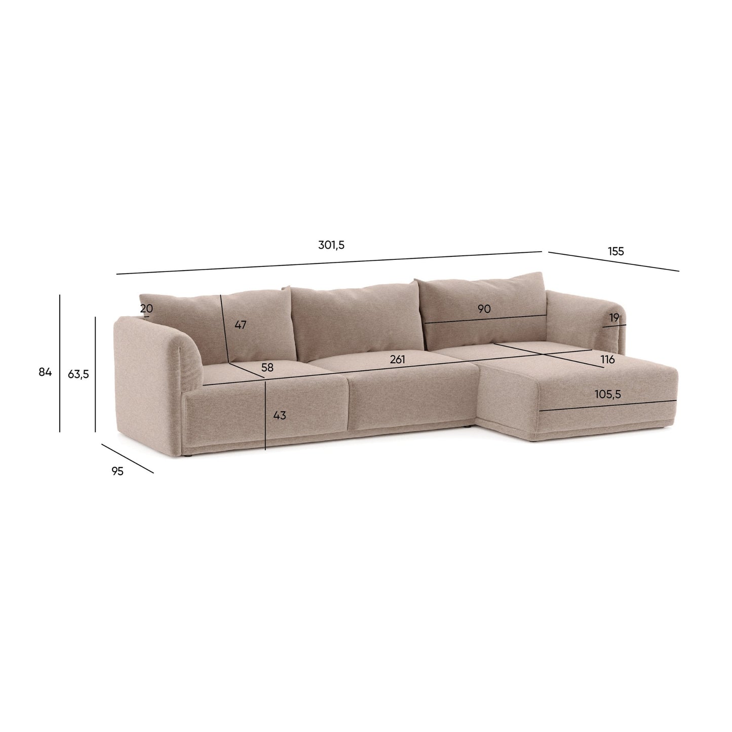 Sofá Chaise Longue de Canto 5 Lugares – EloraSofá Chaise Longue de Canto 5 Lugares – Elora