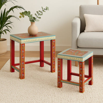 Conjunto Duas Mesas de Apoio Madeira Maciça Motivo Oriental Colorido JASMIN - Gato Preto