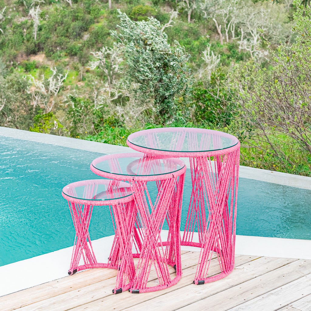 Conjunto 3 Mesas de Apoio em Metal e Corda Rosa PANTAI