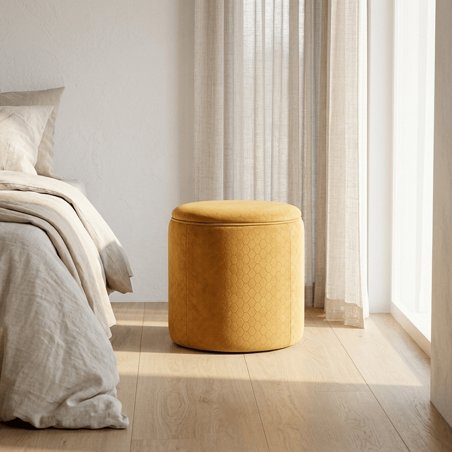 Pouf Mostarda de Veludo com padrão e arrumação LUCENA – Gato Preto