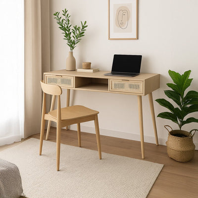 Secretária Madeira e Rattan Natural 120x42,5x78 NÓRDIS - Gato Preto