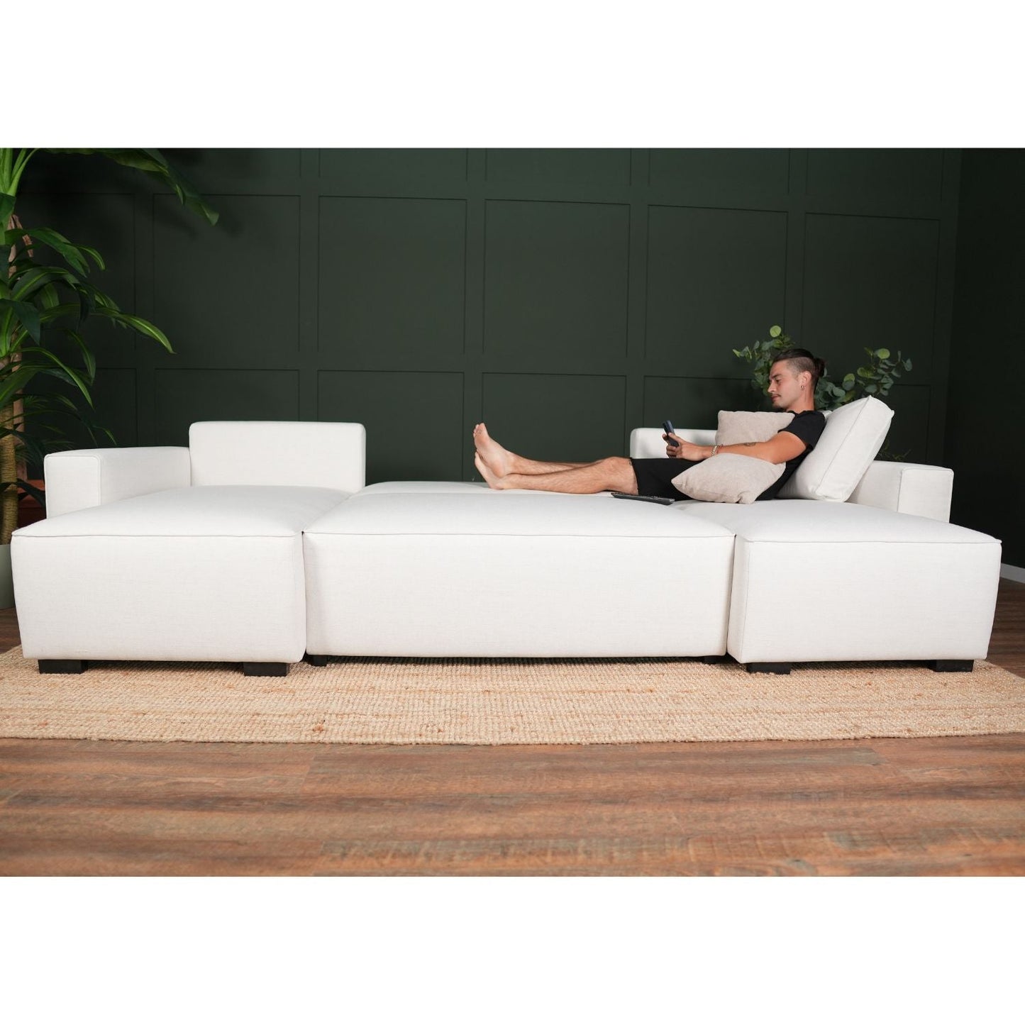 Sofá cama panorâmico com 2 chaise longue bege JORDAN - Gato Preto