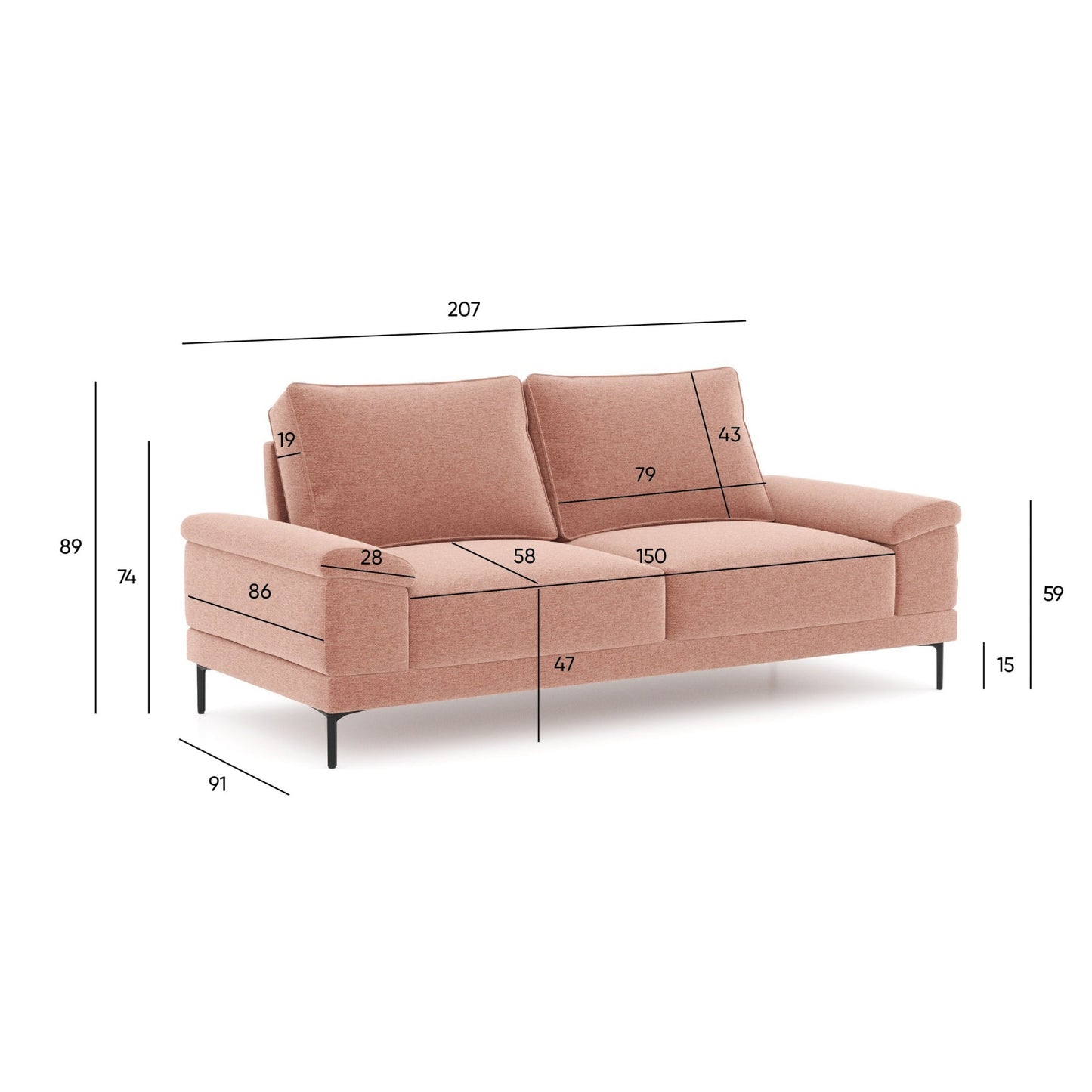 Sofá com pé alto metálico rosa LYRA - Gato Preto