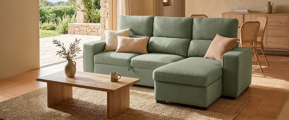 Sofá com chaise longue: novas cores Sandler verde e terracota - Gato Preto