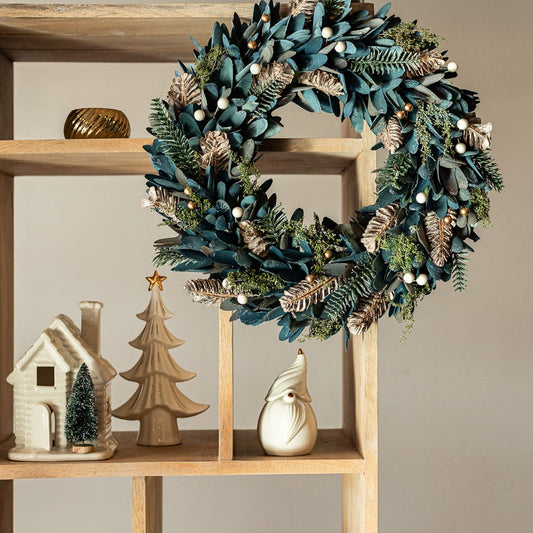 Corona con ramas verdes y azules 45cm COZY