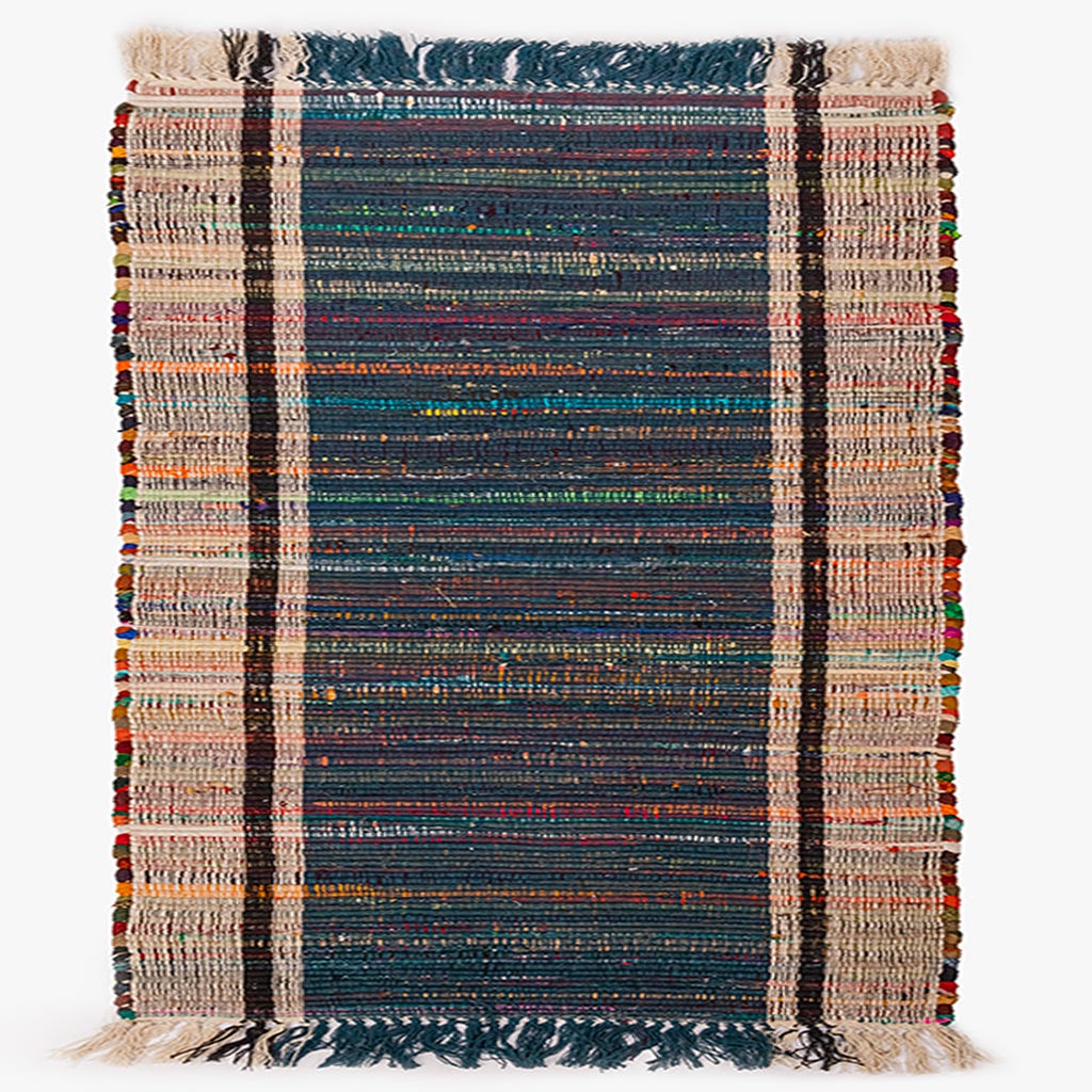 Tapete de Algodão com Franjas Bege, Azul e Multicolor ROBE