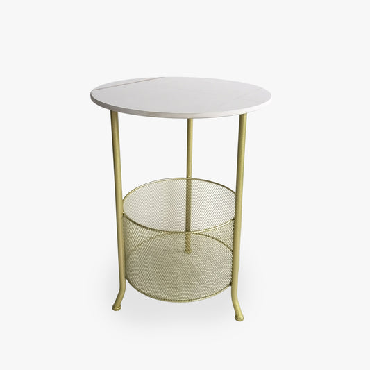 Mesa auxiliar LAPITEC con cesta de malla en dorado
