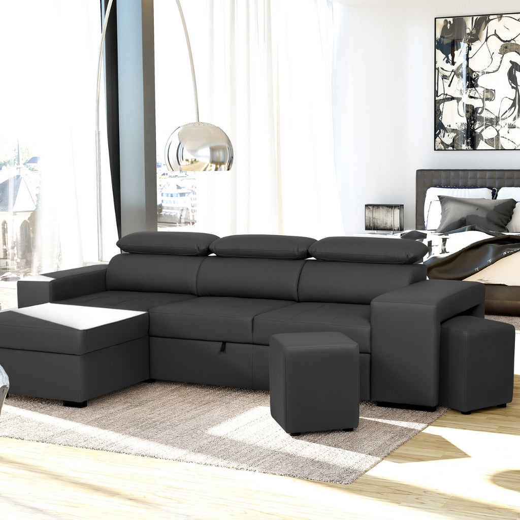 Sofá-Cama com Chaise Longue Reversível e Cabeceiras Ajustáveis Preto LINO