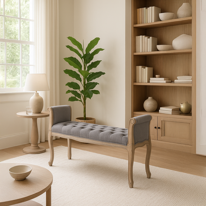 Banqueta Clássica Capitoné Cinza com Madeira e Tecido VERSAILLES