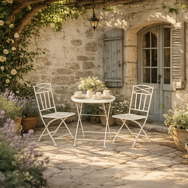 Conjunto de mesa y dos sillas de metal con hojas blancas REVIVAL