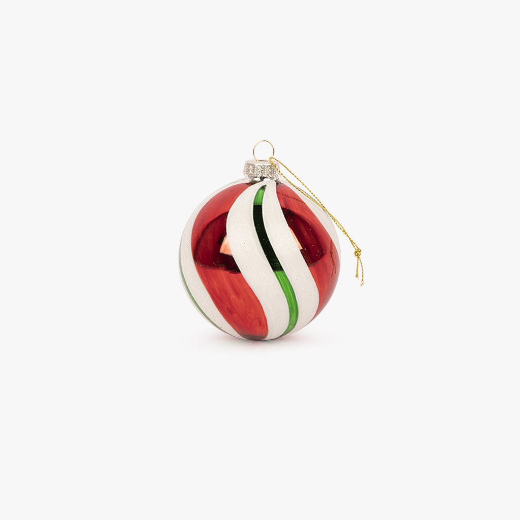 Boule de verre rayée rouge, verte et blanche 8cm COZY