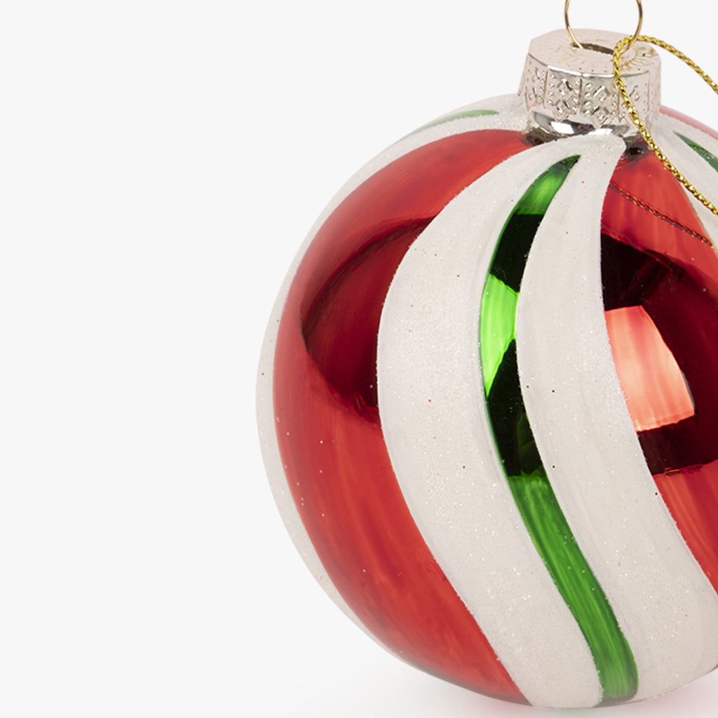 Boule de verre rayée rouge, verte et blanche 8cm COZY
