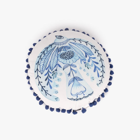 Almofada Redonda com Passaro Azul Bordado BLUE BIRD