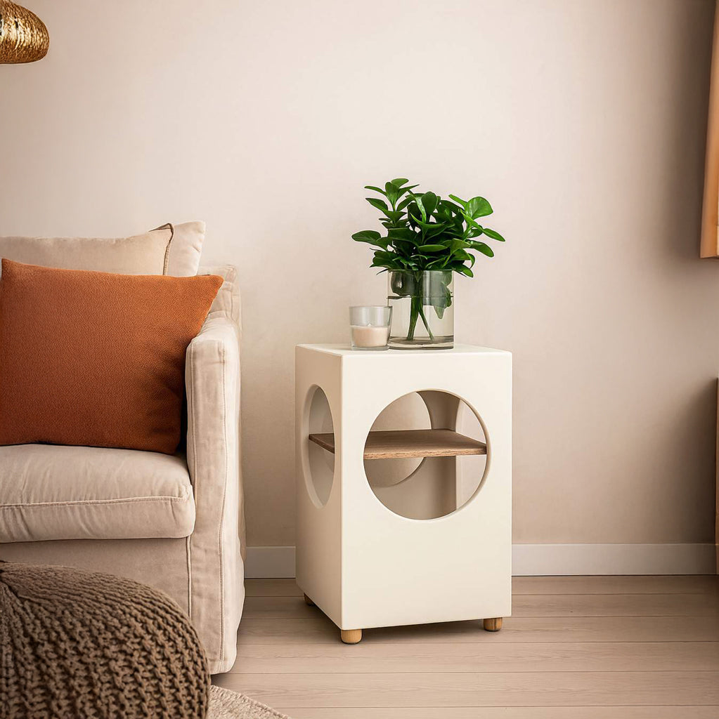 Mesa de apoyo blanca con madera ZENA