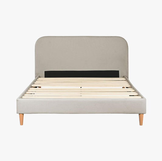 Cama Tecido com Cabeceira Arredondada e Pés de Madeira Bege SERENA