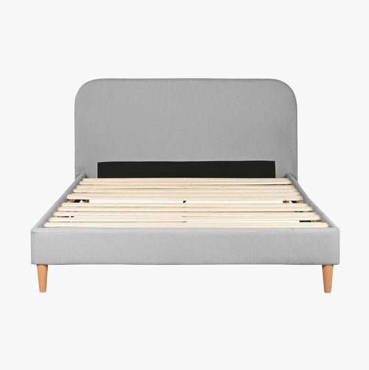Cama Tecido com Cabeceira Arredondada e Pés de Madeira Cinza SERENA