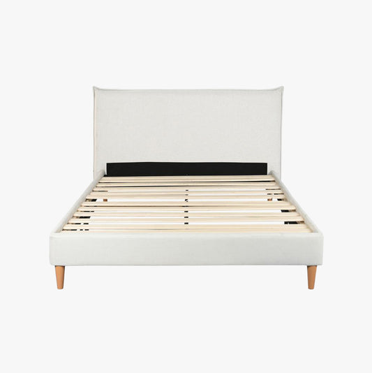 Cama Tecido com Cabeceira Reta e Pés de Madeira Cru SERENA