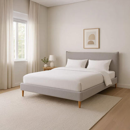 Cama Tecido com Cabeceira Reta e Pés de Madeira Bege SERENA