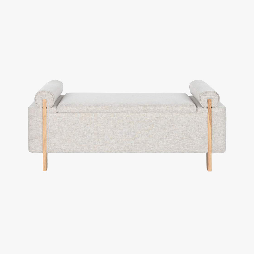 Banqueta Cinza de Tecido e Madeira com Arrumação 120x45x50 SERENA
