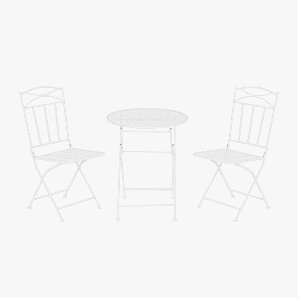 Conjunto de mesa y dos sillas de metal con hojas blancas REVIVAL