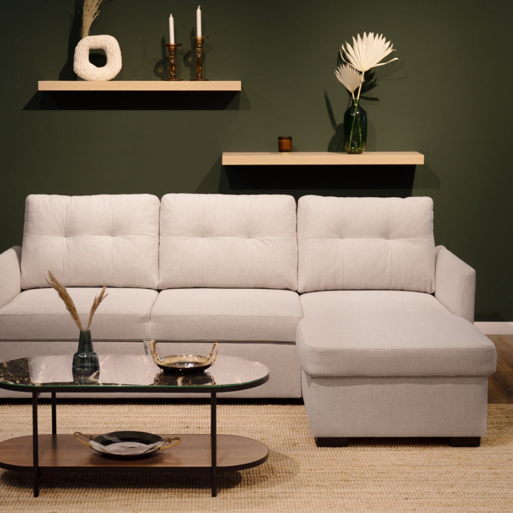 Sofá cama com chaise longue reversível bege BELA