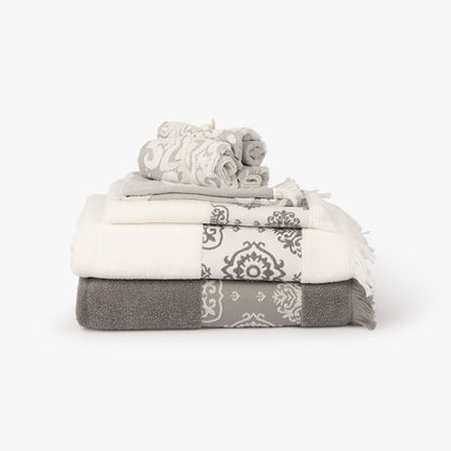 Gray bath towel with border 100x150cmPORTUGUESE SOUL