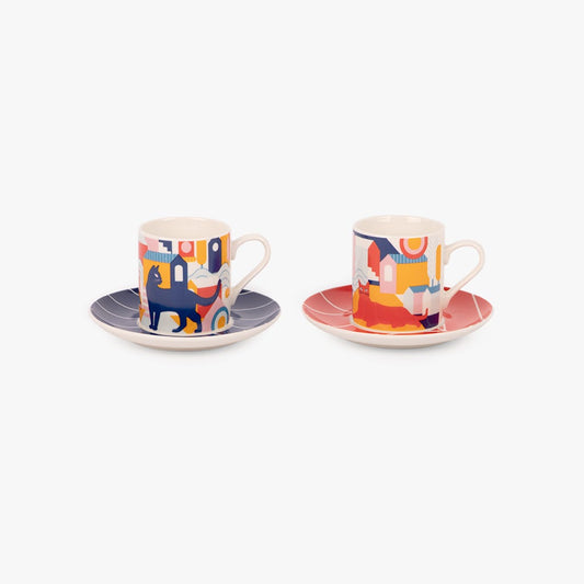Conjunto de 2 Chávenas de Café Azul e Vermelho CAT IN THE CITY