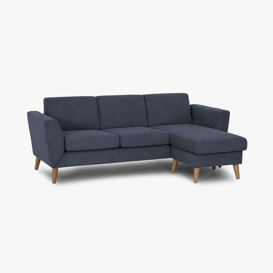 Sofá com chaise longue reversível e pés vintage azul ANGEL