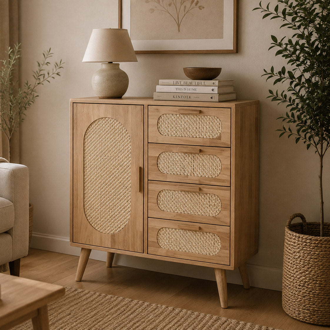 Aparador Rattan 1 Porta 4 Gavetas 73,5x35x78