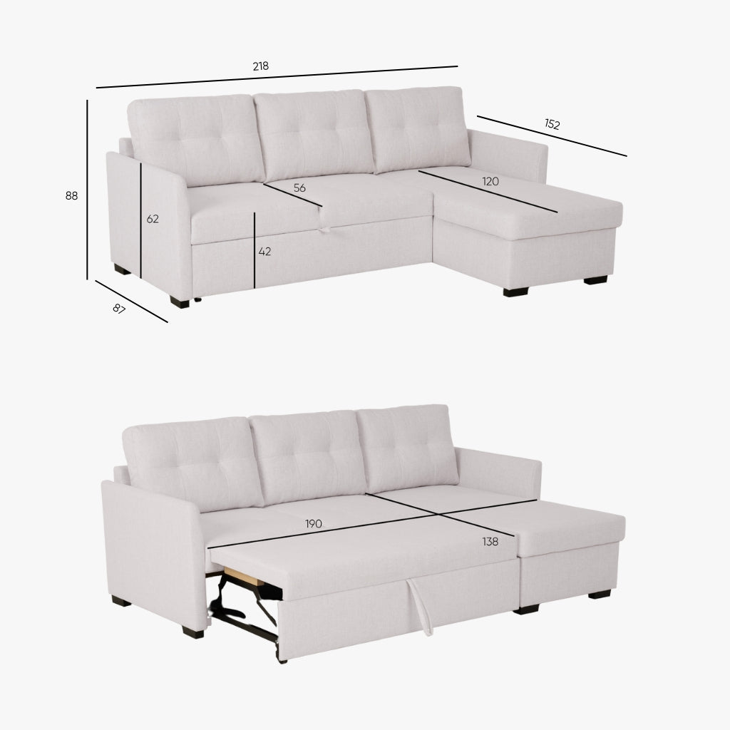 Sofá cama com chaise longue reversível bege BELA