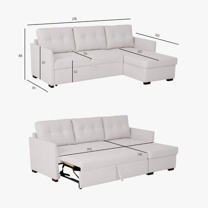 Sofá cama com chaise longue reversível bege BELA