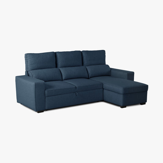 Sofá cama com chaise longue reversível e arrumação azul HARPER